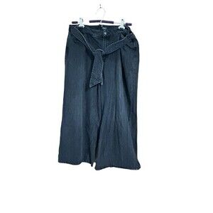 OAT Women's Black Cropped‎ Capris Wide-Leg Jeans  Built In Belt Tie City…